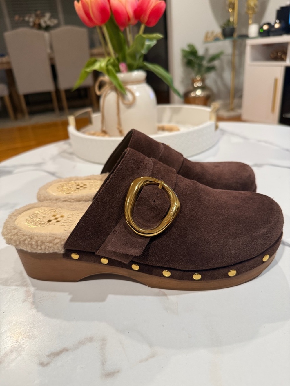 Vince Camuto Brown Suede Clogs with Gold Buckle